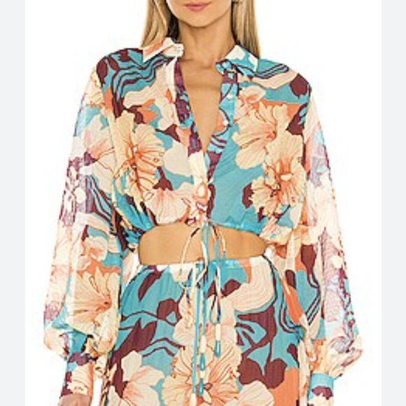 Alexis Idalia Cropped Button Front Top Mediterranean Teal Georgette Size M NEW - Picture 1 of 12